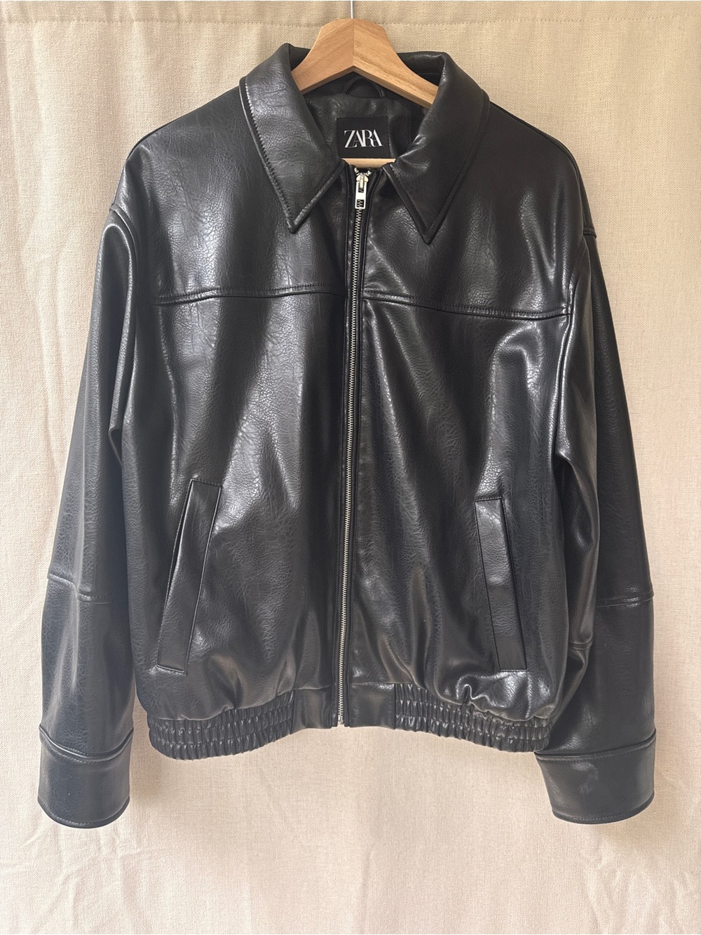 ZARA Black Faux Leather Bomber Jacket with Zip Front